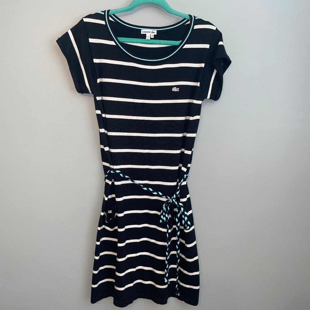 EUC Lacoste Black & White Striped Knit Jersey Belted Dress Medium Size 38